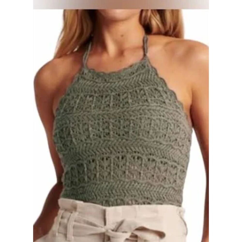 Abercrombie & Fitch Womens Crotchet Halter Top Sz XL Olive Boho Festival Y2k